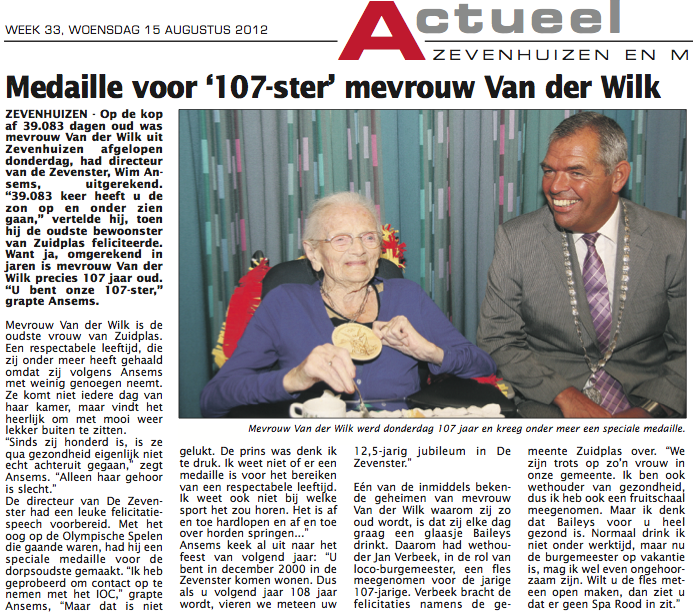 Je bekijkt nu Medaille voor ‘107-ster’ mevrouw Van der Wilk