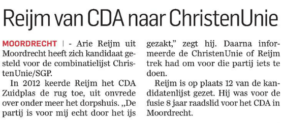 Lees meer over het artikel Pijnlijk: Arie Reijm van CDA naar ChristenUnie/SGP